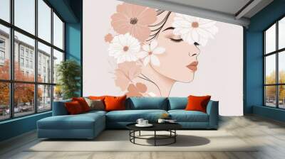 Abstract female face in one line. Woman face with flowers Surreal Line art female floral girl. Minimalism Abstract modern Continuous single line woman face portrait
 Wall mural