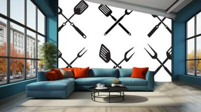 Barbecue fork and spatula flat crossed icons. Barbecue tongs and fork, Grill, Fuel, Chimney Starter, Tongs, Spatula, Basting Brush, Stiff Wire and Grill Brush. Bar B Q party card or poster idea. Wall mural