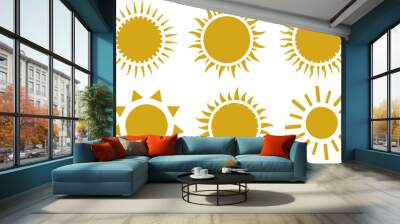 Bright golden Sun Icons. Sun Rise Illustration for designing logo, poster or banner. Symbol of progress and prosperity. Summer, sunlight, nature and Solar energy source. Wall mural