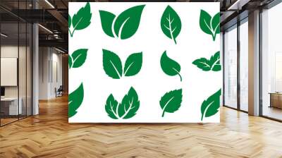 Green leaf icons set on transparent background. ECO and environment friendly, world earth day, green energy related poster or banner designing. PNG format. Wall mural