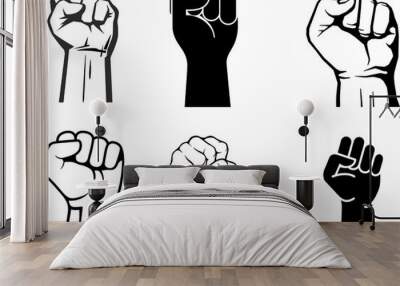 Set and collection of raised fists on white background. Symbol of victory, strength, power and solidarity - Raised fist - flat icons for media, apps and websites.
 Wall mural