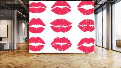 woman lips lipstick kiss prints. seamless pattern red lipstick kiss on transparent background. fabri Wall mural