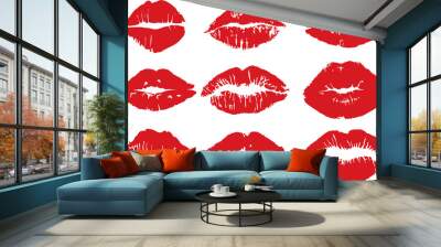 Woman lips lipstick kiss prints. Seamless pattern red lipstick kiss. Red hot lips, Fabric print design, cosmetic industry marketing poster or flyer idea. High quality images. Wall mural