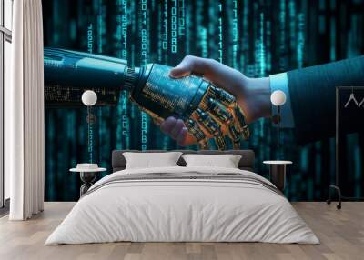 A futuristic scene showing a robotic hand shaking hands with a human hand, symbolizing collaboration between AI and humans Wall mural