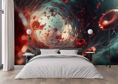 A scene showing viruses floating in a bloodstream surrounded by red blood cells and platelets Wall mural