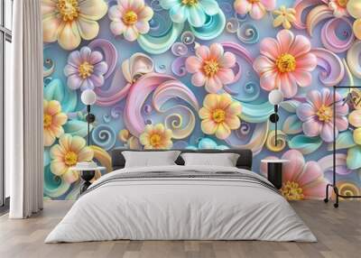 3D render plasticine seamless pattern of vintage retro background with swirls and flowers, pastel colors, Wall mural