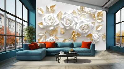 3D white paper roses on a white background, golden leaves, an elegant floral pattern, wall mural, wall art, wall decoration Wall mural