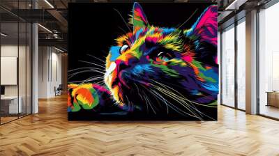 cat drawn using WPAP art style, isolated black background, pop art, vector illustration. Wall mural