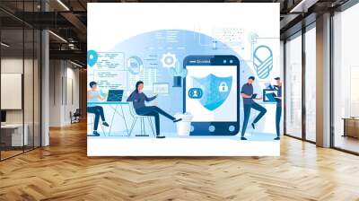 Flat vector illustration of data security concept with people using online systems Wall mural