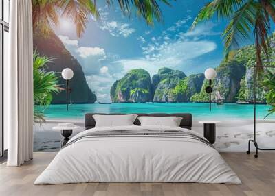 Maya Bay beach, tropical paradise, view photo of Maya Bay beach in Krabi, popular tourist destination. Wall mural