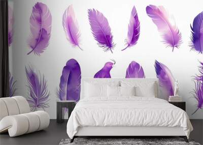 Vector purple feather collection, collection of different fluffy feathers Wall mural