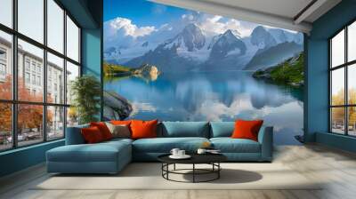 View of the Mont Blanc glacier with Lac Blanc. Popular tourist attraction. Wall mural