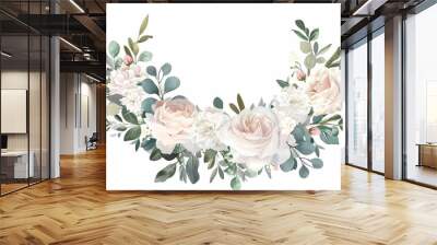 Watercolor flower bouquet with green leaves, branch leaves white flowers blush peach pink Wall mural