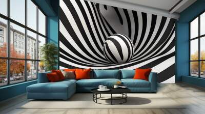 A black and white striped spiral with a spherical object inside. Wall mural