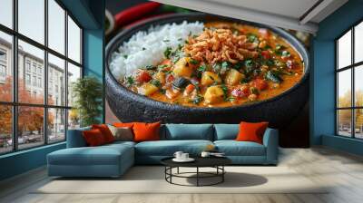 A bowl of flavorful curry with rice and crispy toppings. Wall mural