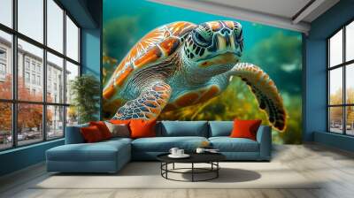 A close-up of a vibrant sea turtle swimming among aquatic plants. Wall mural