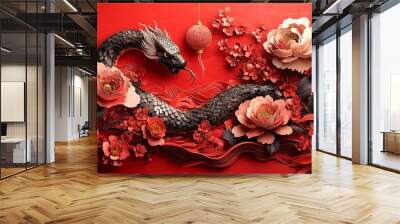 A decorative dragon entwined with flowers on a vibrant red background. Wall mural