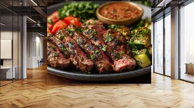 A delicious plate of grilled steak with vegetables and sauce. Wall mural