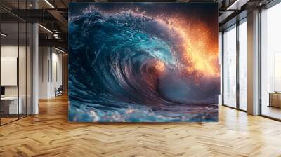 A dramatic ocean wave illuminated by sunset colors. Wall mural