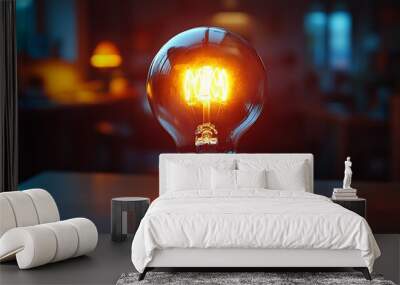 A glowing light bulb illuminating a dimly lit room. Wall mural