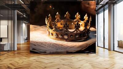 A golden crown resting on aged parchment sheets. Wall mural