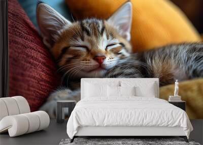 A sleeping kitten nestled on colorful cushions, exuding tranquility. Wall mural