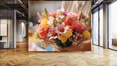 A vibrant bouquet of mixed flowers held in a person's hands. Wall mural