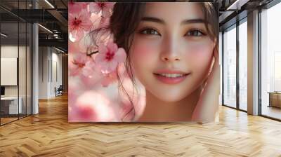 A young woman smiling amidst blooming cherry blossoms. Wall mural