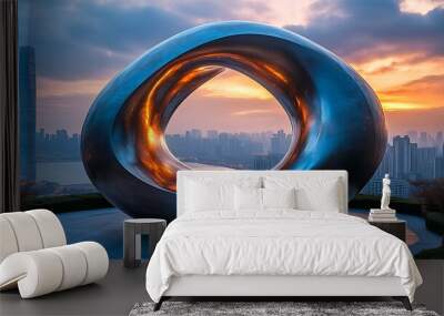 Abstract sculpture with a sunset backdrop over a city skyline. Wall mural