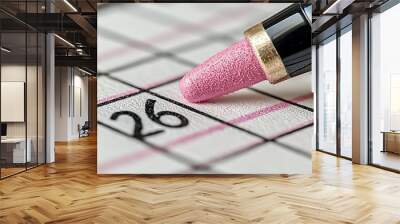 Close-up of a pink highlighter marking a date on a calendar. Wall mural