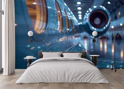 Close-up of a sleek aircraft in a hangar, showcasing design details. Wall mural