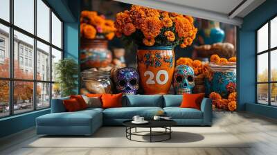 Colorful Day of the Dead altar with marigolds and decorative skulls. Wall mural