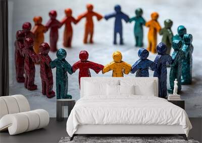 Colorful figures holding hands in a circle, symbolizing unity. Wall mural