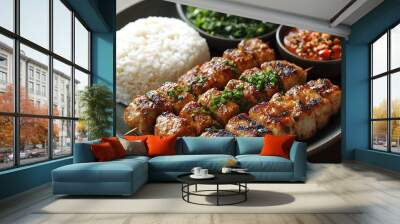 Grilled skewers served with rice and green vegetables. Wall mural