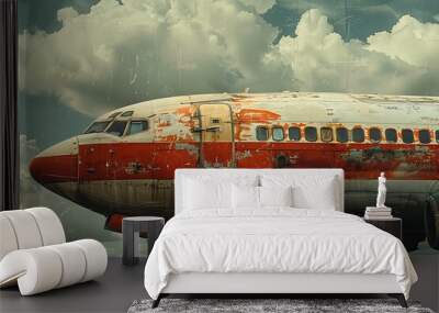 Vintage airplane with peeling paint against a cloudy sky. Wall mural