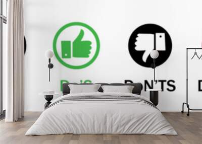 Set of do's and don'ts-like thumbs up or down. Like or dislike index finger sign. Do's and don'ts button with like and dislike symbol. Thumbs up and thumbs down red, black, green color. Wall mural