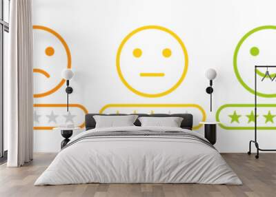 Star rating feedback emoji icon set. Rating emojis set in different colors outline. Flat icon set of rating and feedback emojis icons color outline. Emotion levels on scale different faces icons. Wall mural