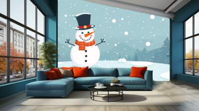 A cheerful clipart snowman with a carrot nose and a top hat, standing in a snowy landscape. Wall mural