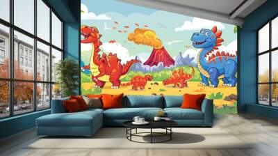 A group of clipart dinosaurs roaming through a prehistoric landscape with volcanoes in the background. Wall mural