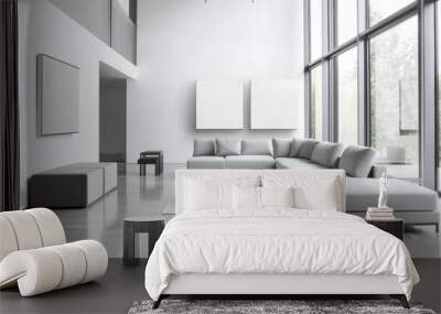 Simple modern living room with gray and white furniture. Featuring a clean, bright layout with minimal decoration. Showcasing contemporary style and serenity. Ideal for home decor marketing Wall mural