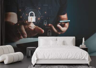 Access control concept. Digital cyber security and network protection, Business technology privacy. People using laptop protection, Secure encryption technology firewall security in online network. Wall mural