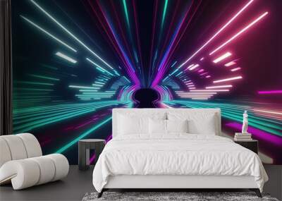 Blue, purple, and green striped abstract neon light tunnel. Generative AI Wall mural