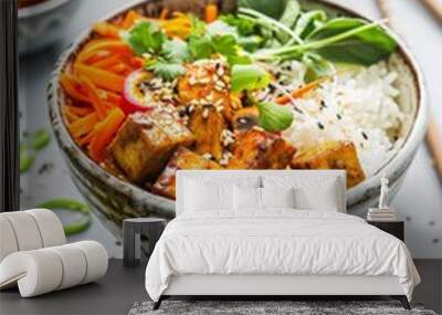 Bowl of sesame-greens-stir-fried tofu Wall mural