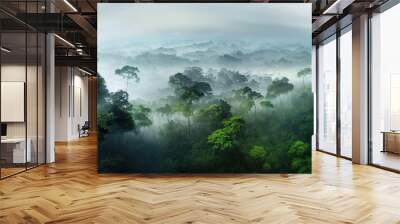 Exotic foggy forest. Jungle panorama, forest oasis. Foggy dark forest. Natural forest landscape. 3D illustration. Wall mural