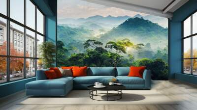 Landscape of Asia tropical rainforest, canopy tree of jungle green forest park outdoor, nature environment mountain view, concept of freedom relaxation in holiday for spa yoga and retreat Wall mural