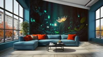 Photograph of a flower and a firefly, both abstract and enchanted Generative AI Wall mural