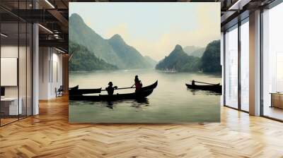 Tourists taking picture. Rower using her feet to propel oars Wall mural