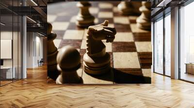 A close-up view of a chessboard, ready for a game to begin Wall mural