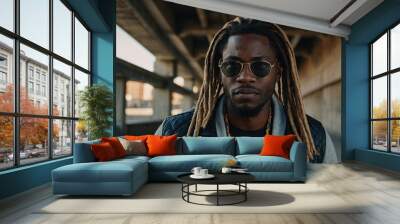 African American guy with dreadlocks looking at camera through sunglasses while standing in urban environment under bridge Wall mural