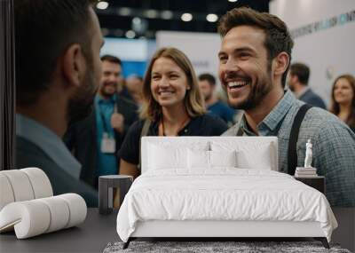 Close up picture of a happy and laughing staff or participant people group listening to a startup business owner at a trade show exhibition event Wall mural